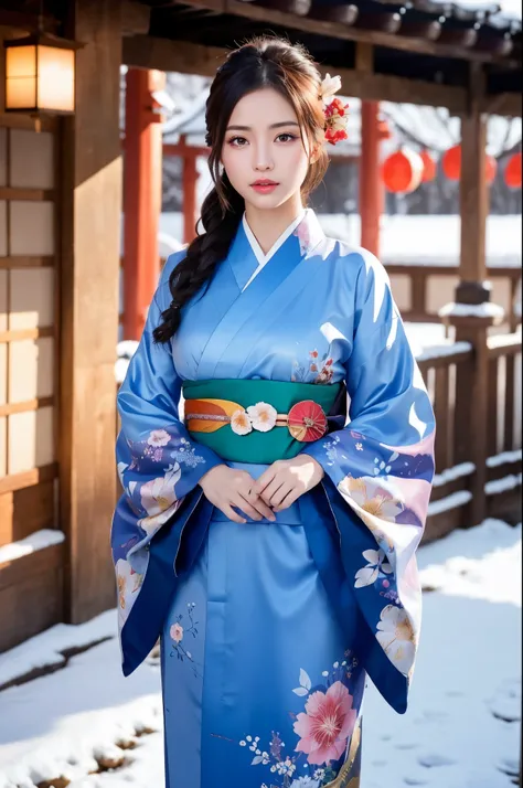 japanese shinto shrines in snowy landscapes, early morning of new year's day, ((a beautiful japanese girl in a long-sleeved kimo...