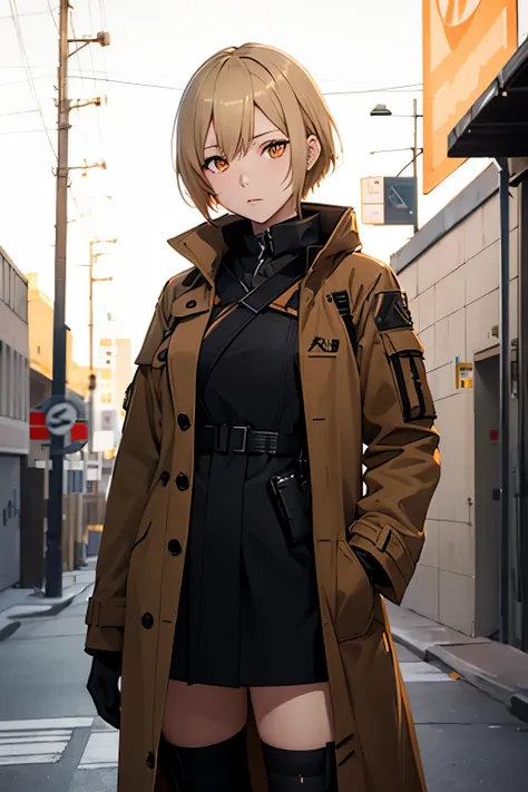 OTS-14、Orange Eyes、Girls&#39; frontline 2、A slender、short blonde hair、Brown coat、high-level image quality、hightquality、Night background、Los Angeles、rack inner、brown tactical coat、deadpan、Face Zoom、she leans against the alley wall