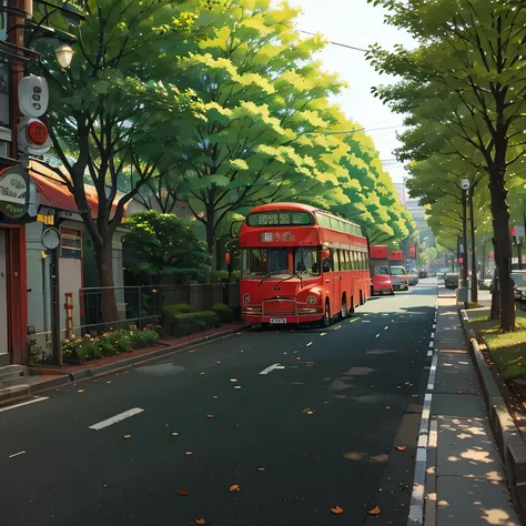 green tree-lined avenue, A red route bus runs, Retro bus, Japan in the 1970s