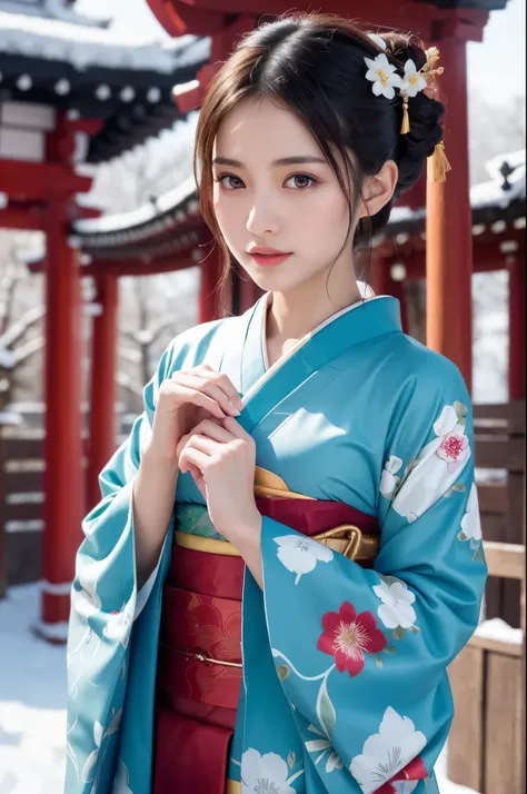 japanese shinto shrines in snowy landscapes, early morning of new year's day, ((a beautiful japanese girl in a long-sleeved kimo...