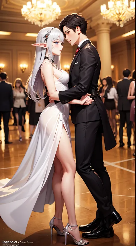 1 guy with her partner, 1 elf girl dancing in the ballroom, holding hands, looking into each other’s eyes, 
[Guy: [(short black haircut), blue eyes, handsome, white suit, holding the elf girl, hands around waist the elf girls, looking each others]]
[Elf gi...