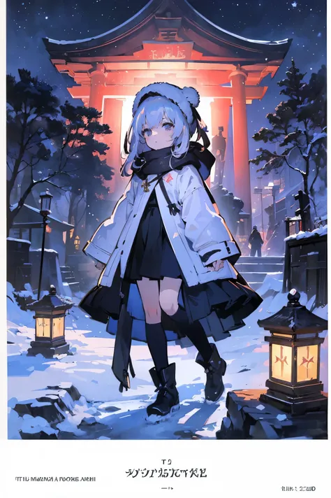 (​masterpiece、top-quality、Official art:1.2)、Look at viewers、(Little Girl))、（Winter clothes，colorless hair）（nighttime scene）（With the illuminated New Year&#39;s bell in the background）（shrines），realisitic、(2D:1.5)