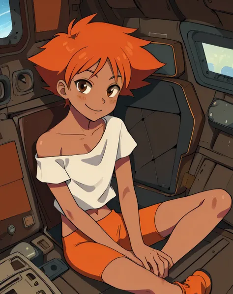 Edward,midriff,orange hair,white shirt,off shoulder,collarbone,tan skin, bike shorts,goggles, brown eyes, space station,engine room, upper body,sitting,smiling,playing video games (insanely detailed, beautiful detailed face, masterpiece, best quality),