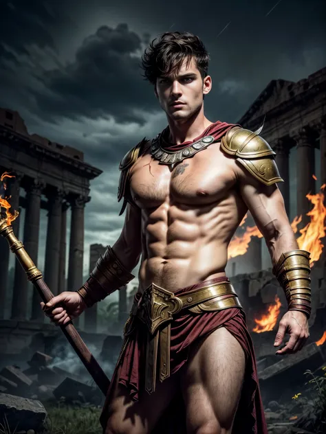 ((masterpiece)),((best quality)),8k, high detailed, ultra-detailed, Stylish Pose, real skin texture, dark cinematic lighting, full body shot, 35 mm lens, night, dark night, masculine, 26-year-old Italian male model, handsome Roman, he is the god of war, he...