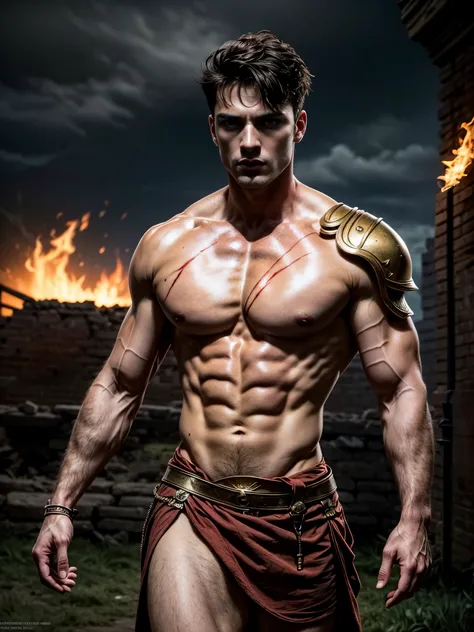 ((masterpiece)),((best quality)),8k, high detailed, ultra-detailed, Stylish Pose, real skin texture, dark cinematic lighting, full body shot, 35 mm lens, night, dark night, masculine, 26-year-old Italian male model, handsome Roman, he is the god of war, he...