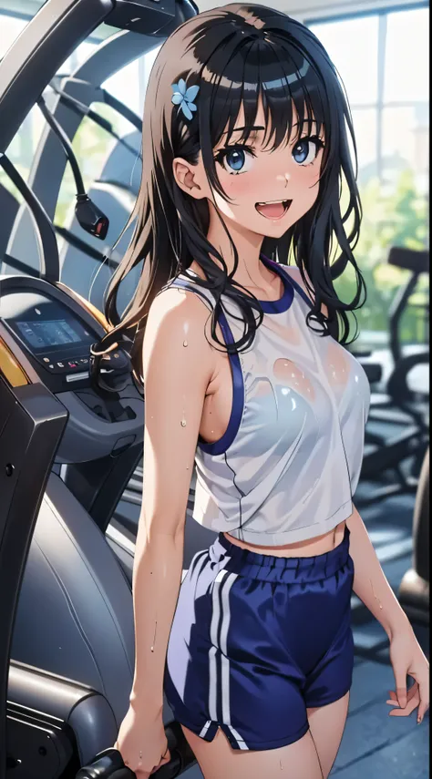 1womanl,Black hair,14 year old beautiful breasts,(((Sexy white and blue shiny gym clothes and short cheeks、Smile with open mouth)),(((Satin Narico))),((( portlate))),Crowds,Shiny white gym uniform and blue shorts,Wet with sweat,playground