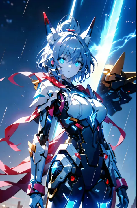 Teenage girl，Azure hair，Combined with Gundam，mechs，skyblue eyes，glowing light eyes，glowing light eyes，Samurai Lightning，Dark ，Wolf ears