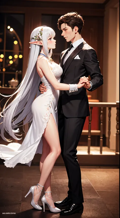 1 guy with her partner, 1 elf girl dancing in the ballroom, holding hands, looking into each other’s eyes, 
[Guy: [(short black haircut), blue eyes, handsome, white suit, holding the elf girl, hands around waist the elf girls, looking each others]]
[Elf gi...