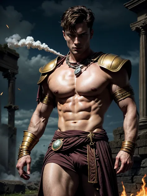 ((masterpiece)),((best quality)),8k, high detailed, ultra-detailed, Stylish Pose, real skin texture, dark cinematic lighting, full body shot, 35 mm lens, night, dark night, masculine, 26-year-old Italian male model, handsome Roman, he is the god of war, he...