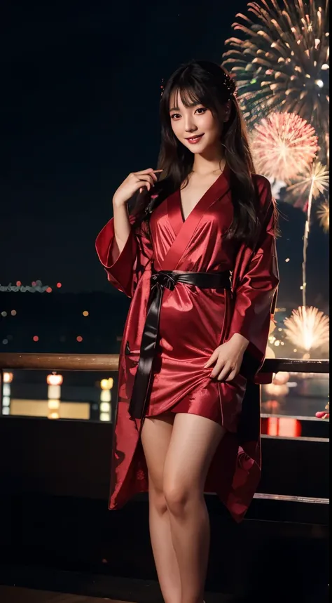 Glowing skin, kimono, new year concept background, 21 years old girl, japanese girl, smiling, sexy ve beautiful girl, long hair, dark makeup, full body, firework background, dress mini kimono, red lingerie, high quality