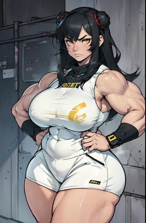 ((((((muscular girl thick breasts best quality)))))) angry pale skin black hair yellow eyes