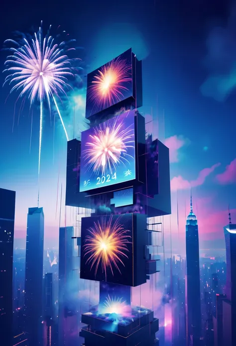 Dubrec style,Cybernetics appear in the sky.The prospect of fireworks on new year’s Eve 2024,Gorgeous fireworks,(multiple exposure1.8),(Digital signage,2024:1.5),technology city,artificial intelligence neuron,network matrix,new year&#39;eve visual poster,In...