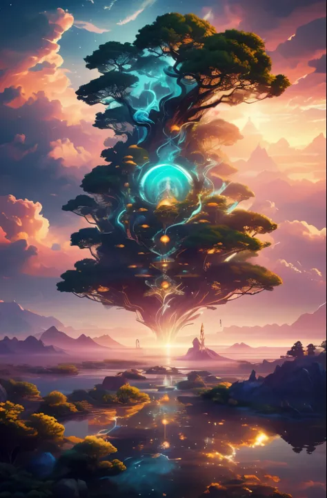 dawn of the world, Dawn hours, light of creation, Flood of light, Dazzling light, Brilliant shining light, creator&#39;s dream, sacred and mysterious, grand and majestic, Shangri-La, Yggdrasil, digital art inspired by Cyril Rolando, Trending on ArtStation,...