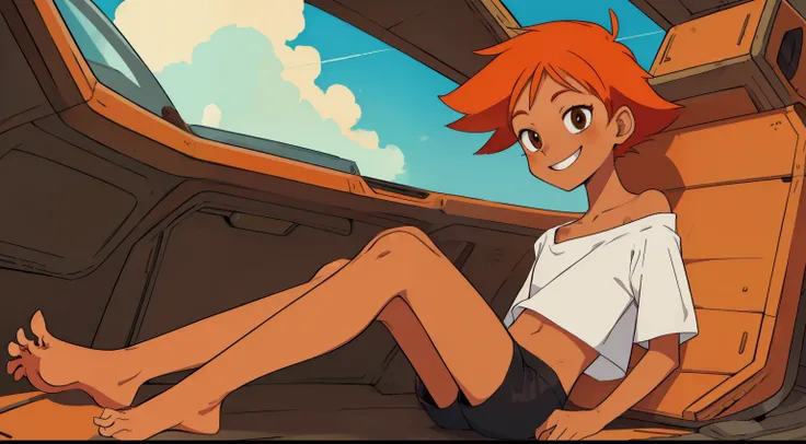 Edward,midriff,orange hair,white shirt,off shoulder,collarbone,tan skin, black bike shorts, barefoot, (((perfect feet))) goggles on forehead, brown eyes, spaceship, upper body,sitting,smiling,(insanely detailed, beautiful detailed face, masterpiece, best q...