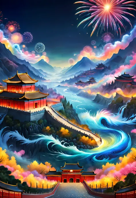 （巨幅led screen幕巨型投影《thousands of miles of rivers and mountains map》scene on the red wall of the forbidden city in china），（宫殿红墙上的投...