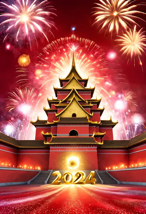 (宫殿红墙上巨大的led投影屏上投射着金色的2024和a happy new year.），fireworks bloom in the sky, many ribbons and confetti fall in the air, (a happy ne...