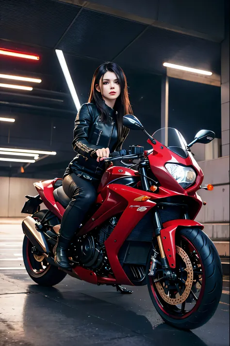 araffe sitting on a red motorcycle in a parking garage, sitting on cyberpunk motorbike, sitting on a motorcycle, motorbiker, riding a motorcycle, motorcycle, 🚿🗝📝, motorcycles, riding a futuristic motorcycle, picture of a female biker, 8 k highly detailed ❤...