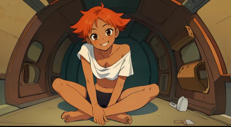 Edward,midriff,orange hair,white shirt,off shoulder,collarbone,tan skin, black bike shorts, breasts, cleavage, barefoot, (((perfect feet))) goggles on forehead, brown eyes, spaceship, upper body,sitting,smiling,(insanely detailed, beautiful detailed face, ...