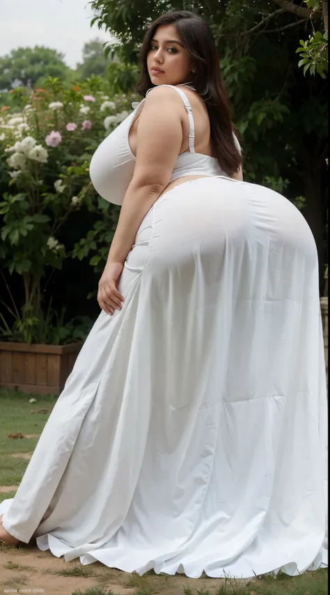 Bbw Pakistani,(white long dresacing the camera)(big booty) (face here) Plus size bbw big boobs,grass, (wide booty)insanely inflated hips