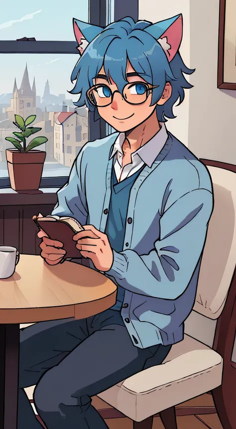 ((best quality)), ((masterpiece)), ((highres)), A man, smile, blue hair and eyes, sharp short hair with blue cat ears, wearing round glasses with thick lenses, wearing a casual cloth and a blue cardigan, sit in chruch alone with bible on the table, morning