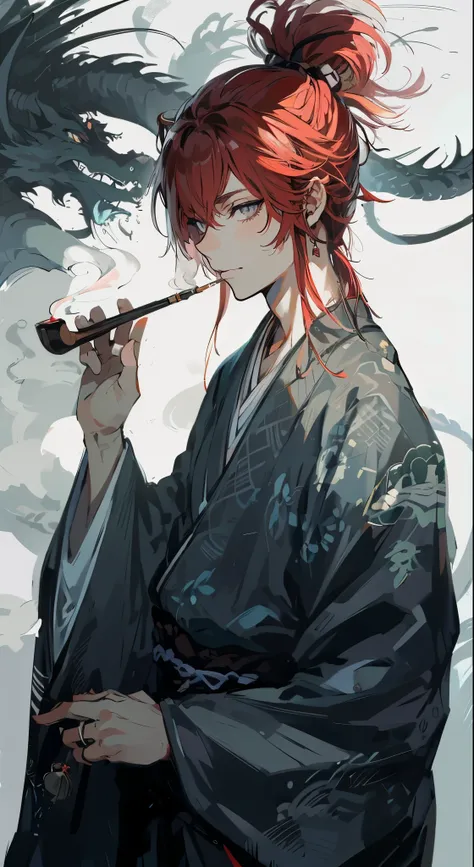 manly, handsome, (((Japanese anime))),high quality, amount of drawing, pixiv illustration, Beautiful young man, red medium hair, gray slit eyes, tied up hair, masculine gray kimono, smoking a smoking pipe, white background with black dragon shadow