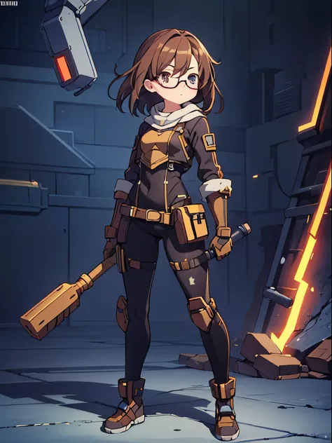 "I want a depiction of a girl with brown hair, glasses, short clothing, and robot gloves, holding a hammer. Additionally, Id like the image to include multiple positions of her face in the same picture full body standing"