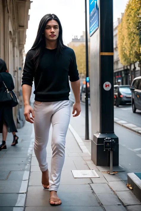 man model, long black hair, good eyes, full body, ano error eyes, candid, paris morning, Cinematic, Mirrorless, 35mm lens, f/2.8 aperture, ISO 250, hyper high realistic, high detail, 4K, no duplicate, on frame