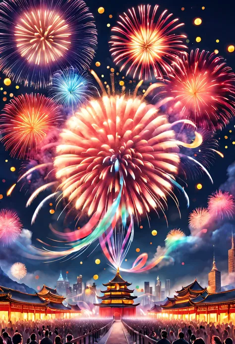 (中国故宫宫殿红墙上巨大的led投影屏上投射着金色的2024和a happy new year.），fireworks bloom in the sky, many ribbons and confetti fall in the air, (a happ...