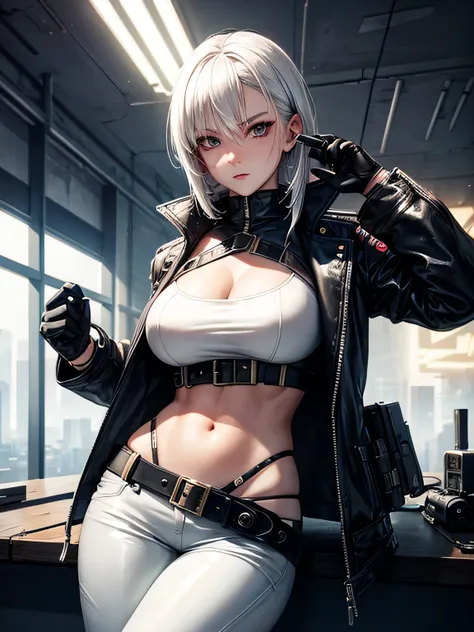 beautiful girl, cyberpunk spy style, white hair, military vest showing belly, navel, leather pants, grafitti wall, leather gloves