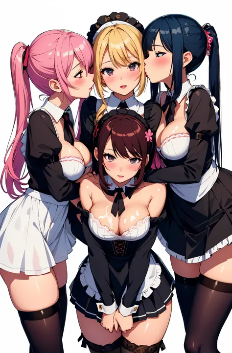 3女の子, Multiple girls, Highly detailed, Glossy lips, Illustration, masutepiece, blush, City Street, cleavage, (maid), thigh highs, high-heels, Standing、(((cum on the body)))lesbian)、(holding each other)、(Kiss the breasts)、(((Touching your)))Kiss me on the l...