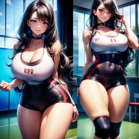 （8K ，hyper-detailing，ultra real photo，Best masterpiece，natural，Perfect artwork，Perfect female body），Sexy female volleyball player、short black wavy hair、super fit volleyball uniform、low chest，open neck collar，Wear volleyball shorts、an sexy、ssmile、Sexy pose ...