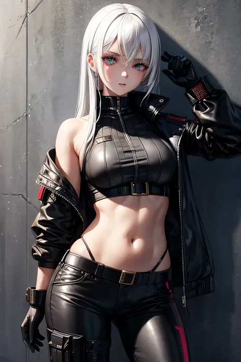 beautiful girl, cyberpunk spy style, white hair, military vest showing belly, navel, leather pants, grafitti, leather gloves, wall