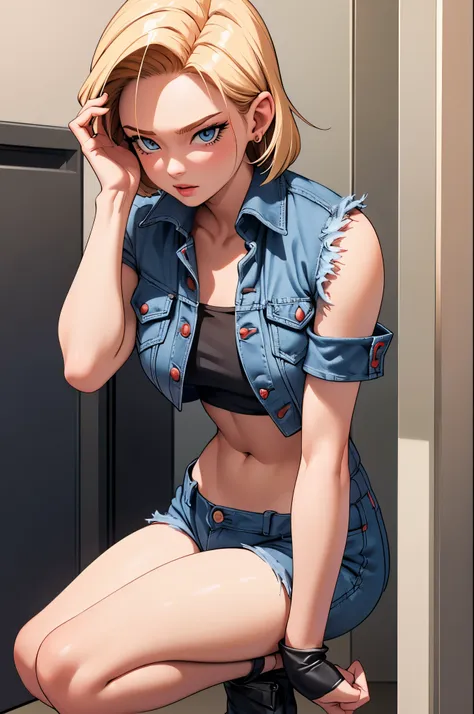 (tmasterpiece, best quality at best), 1 girl, pretty  face, beaturiful body,  android18, 耳nipple ring, denim, obi strip