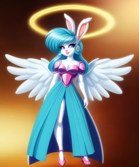 Andromeda the female angel rabbit, lop rabbit ears, white skin, cyan hair, halo, white soft wings, pink lipstick, aquamarine eyes, 1980’s guardian Angel armor Vivziepop cartoon style, full body view