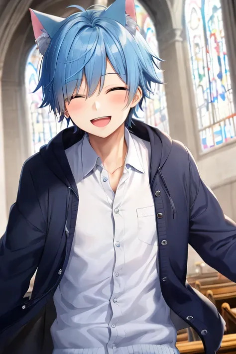 1boy, blue hair and eyes, sharp short hair, blue cat ears, happy face, smile, open mouth, eyes close, wearing white shirt dan blue cardigan, masterpiece, ultra detail, church