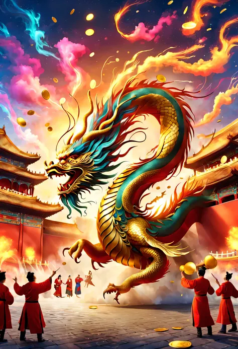 (Giant golden 2024 and Happy New Year on the red wall of the Forbidden City in China), (nigh sky中有许多烟花绽放), (Many gold coins and colorful pieces fall in the air,) (Dragon Flying Phoenix Dance), Celebrate the Golden Age, Background with为红金和绿松石绿.,Background w...