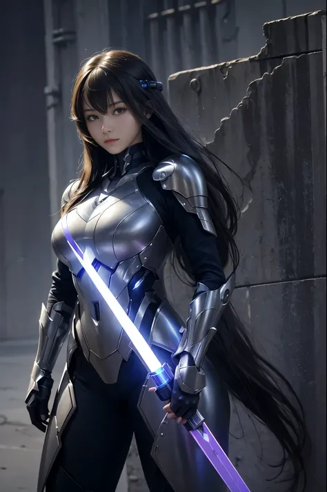 arafed woman in a futuristic armor standing, large breasts:1.5, long hair, looking at viewer, posing with a weapon, cyber patterns, no helmet, at the top of a wall, well lit, soft lights