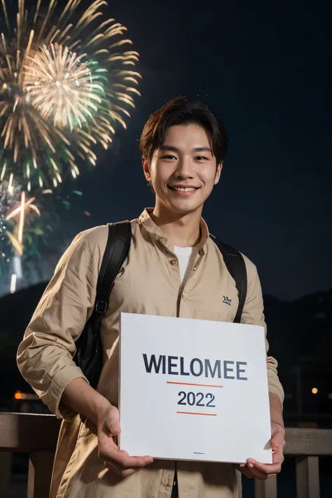 A korean hensom men, smiling and standing while holding a signboard "Welcome 2024", his background was a firework. Portrait mode, 8k super realistic.