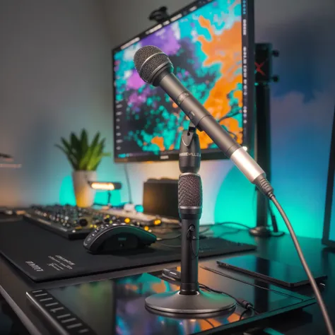 There is a microphone on the table next to the computer, sitting in front of a microphone, Detailed portrait shots, standing microphones, Table with microphone, accurately detailed, Stunningly detailed, Studio quality products, High quality details, Detail...