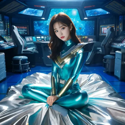 An arafe woman wearing a shiny blue suit and sitting on the bed, iu lee ji-eun as a super villain, powerful woman sitting in space, park shin hye as a super villain, as a retro futuristic heroine, Space Girl, as a retrofuturistic heroine, silver super unif...