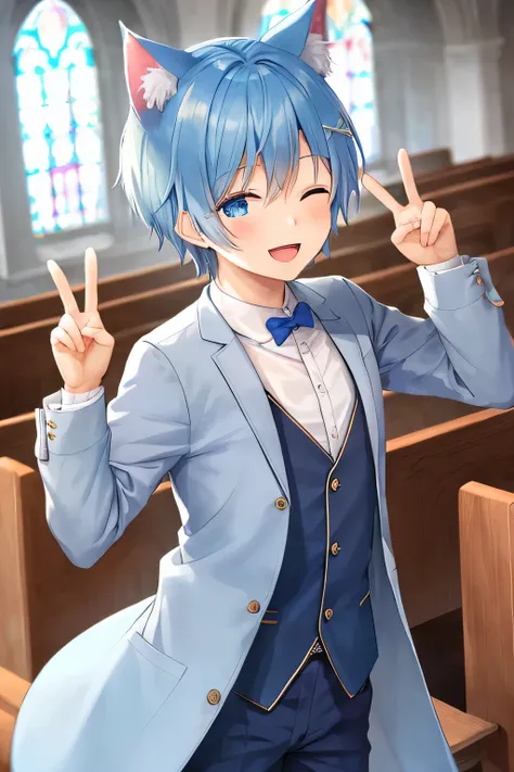 1boy, blue hair and eyes, sharp short hair, blue cat ears, happy face, smile, peace sign, open mouth, eyes close, wearing white shirt and blue cardigan, masterpiece, ultra detail, church