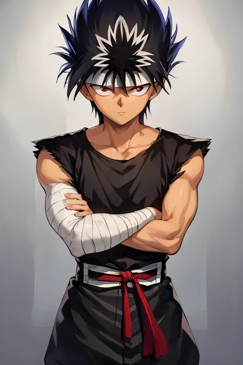 masterpiece, best quality, 1boy, hiei, black hair, white hair, spiked hair, red eyes, headband, bandages, upper body, sleeveless...