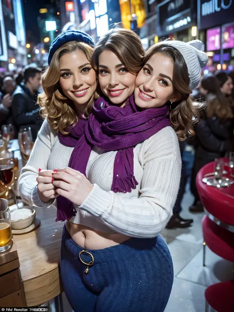 realisticlying、43-year-old chubby male, no facial hair,  no body hair, (((beautiful round feminine face))),  (( taking a selfie in the middle of a very busy crowd of people celebrating new years eve at times Square in New York city) ),  holding a champagne...