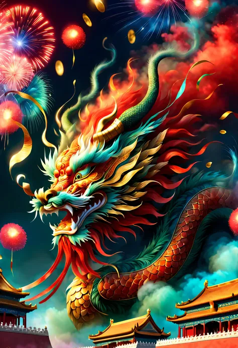 (2024 and Happy New Year written on the red wall of the Forbidden City of China:1.37), (chinesedragon) (Many fireworks bloom in the natta sky), (Many ribbons and gold coins fall in the air), (brilliant peonies), red gold and turquoise green, Background and...