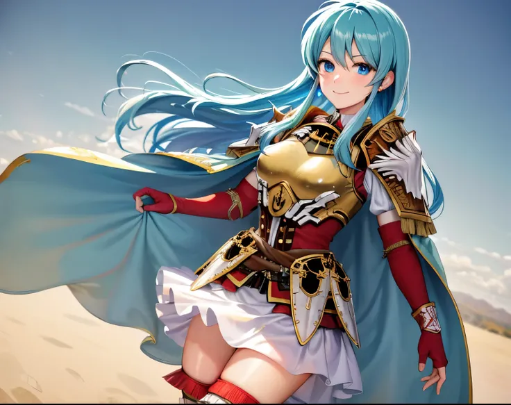 cowboy shot,leg_eirika,smirk, armor,breastplate, zettai ryouiki, skirt, thighhighs, cape,gloves, looking at viewer, jewelry, fingerless gloves, earrings, white skirt, red gloves, smile, elbow gloves, sidelocks, shoulder armor, closed mouth, thigh boots, f...