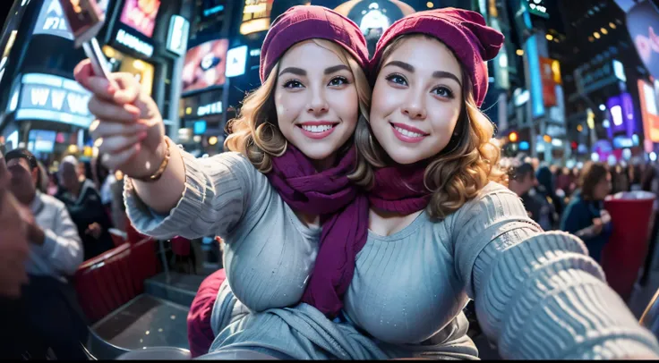 realisticlying、53-year-old chubby male, no facial hair,  no body hair, (((beautiful round feminine face))),  (( taking a fisheye selfie in the middle of a very busy crowd of people celebrating new years eve at times Square in New York city) ),  holding a c...