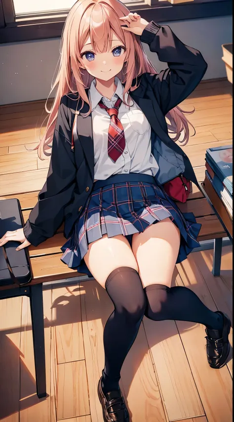 1girl in, (Ultra-high image quality,masutepiece:1.2), spread legswide,plaid skirts,School uniform,Panties with a variety of patterns,Smiling,On the socks of lack of sleep:1.4),8K