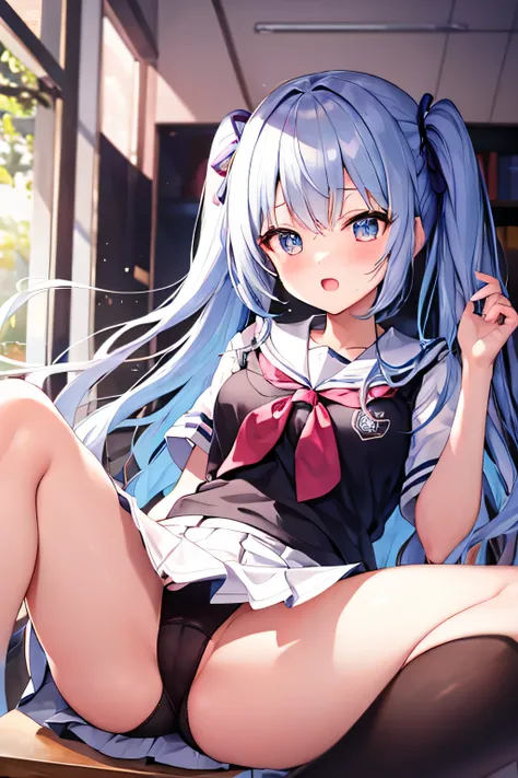 ​masterpiece、Top image quality、超A high resolution、miku hatsune、blue hairs、Twin-tailed、Blushing、mock、Open your mouth just a little、Short sleeve sailor suit、Mini skirt、spread your legs wide、sox、Panties、Inside the classroom