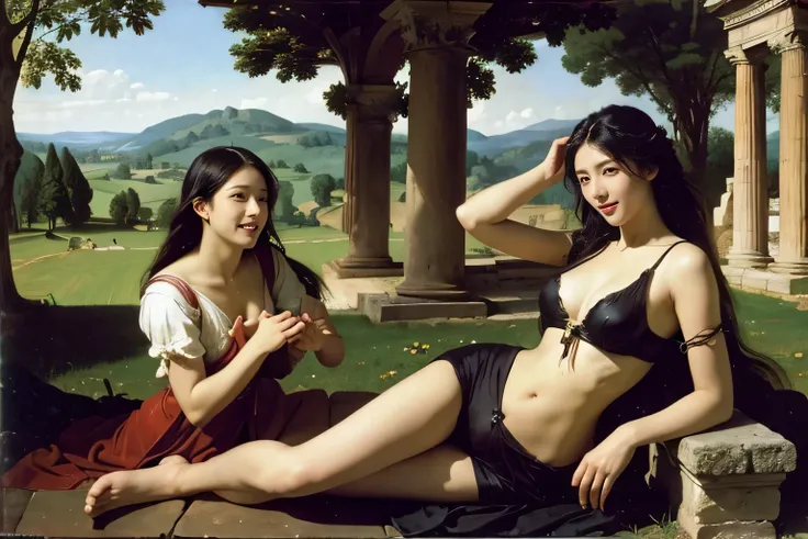 Ancient Roman ruins,Poussin-style landscape,A smile,,Sweet and seductive appearance.、Caravaggios paintings、Chiaroscuro of Caravaggio、Hair disheveled in the wind,Two women frolicking,Cute smile, Expression of ecstasy,A sexy,Erotic