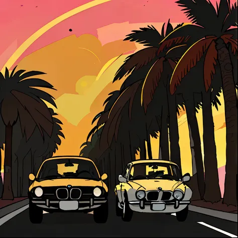 sticker design, Classic BMW Cars, Sunset background, Palm trees, 5 layer color, Corner Street, Beleq Drum, Preshorn, Black car